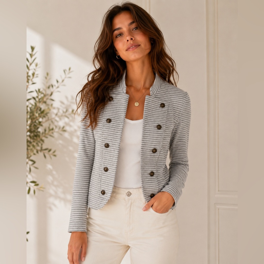 Tommy Hilfiger Gray and White Striped Military-Style Knit Blazer